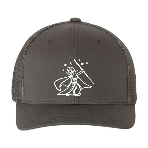 The Wizard Flexfit Fitted Trucker Cap is a gray hat with a white outline of a person holding a flag and stars above, printed on the front. Features an elastic band for comfort and secure fit.