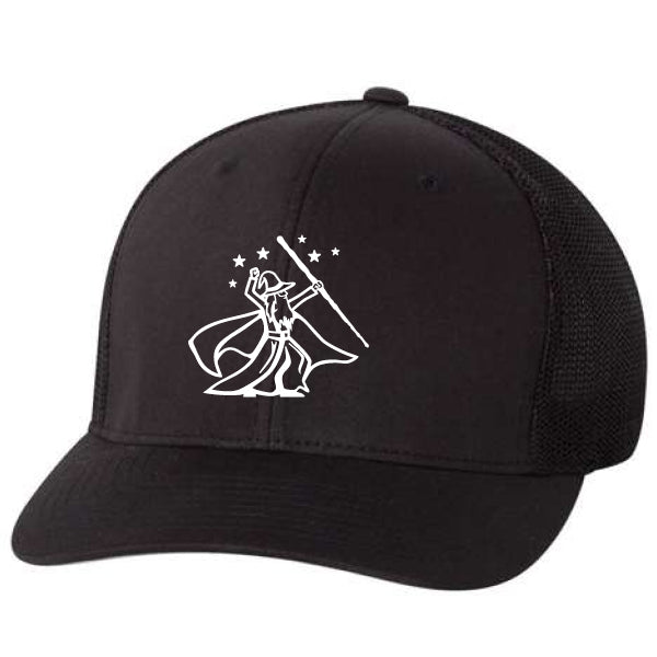 The Wizard Flexfit Fitted Trucker Cap features a black mesh back and a white wizard-with-staff graphic with stars on the front, finished with a Permacurv® visor for enduring shape and style.