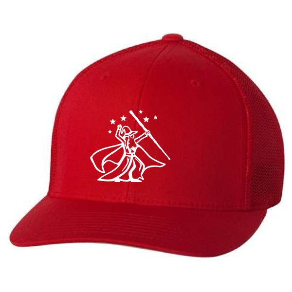The Wizard Flexfit Fitted Trucker Cap is a red hat featuring a Permacurv® visor and a white graphic of a cloaked figure with a staff, surrounded by stars, on the front panel.