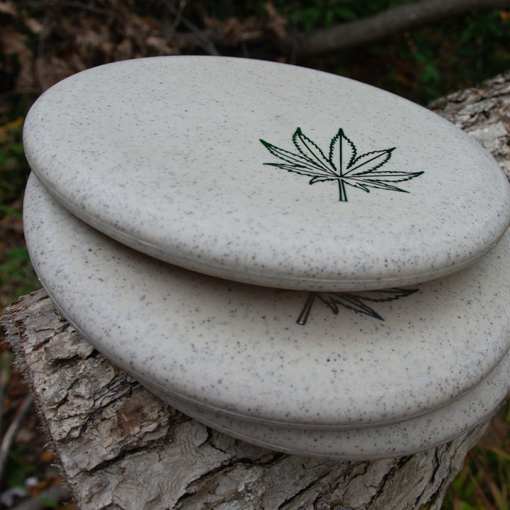 Two Wizard - SS Hemp - Leaf putters from Gateway Disc Sports, showcasing an iconic leaf design, rest on a tree trunk outdoors.