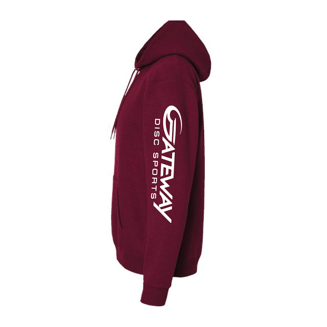 Burgandy Gateway Hooded Sweatshirt with "GATEWAY DISC SPORTS" in white vertically down the right sleeve, made from low-pill fleece for lasting comfort.