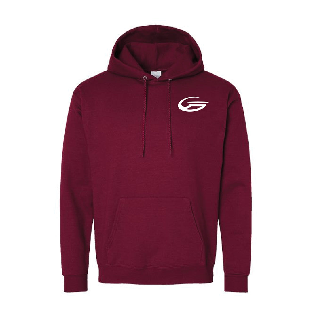 The Burgundy Gateway Hooded Sweatshirt features a white stylized "G" logo on the upper left chest, a front pocket, and low-pill fleece for lasting comfort.