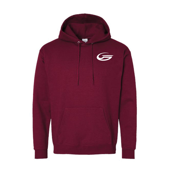 The Burgundy Gateway Hooded Sweatshirt features a white stylized "G" logo on the upper left chest, a front pocket, and low-pill fleece for lasting comfort.