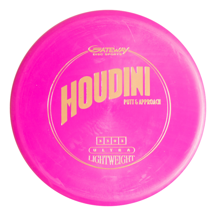 A pink Houdini - SureGrip™ Ultra Lightweight putt and approach disc by Gateway Disc Sports with a deep rim, gold lettering, "Ultra Lightweight" label on the front, and a distinctive double bead design.