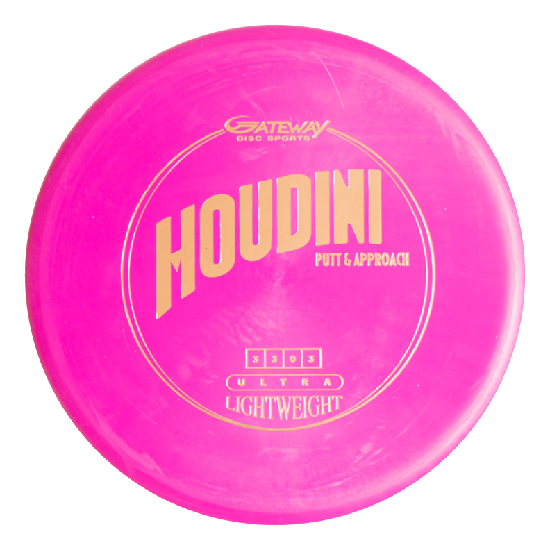 A pink Houdini - SureGrip™  Ultra Lightweight putt and approach disc by Gateway Disc Sports with a deep rim, gold lettering, "Ultra Lightweight" label on the front, and a distinctive double bead design.