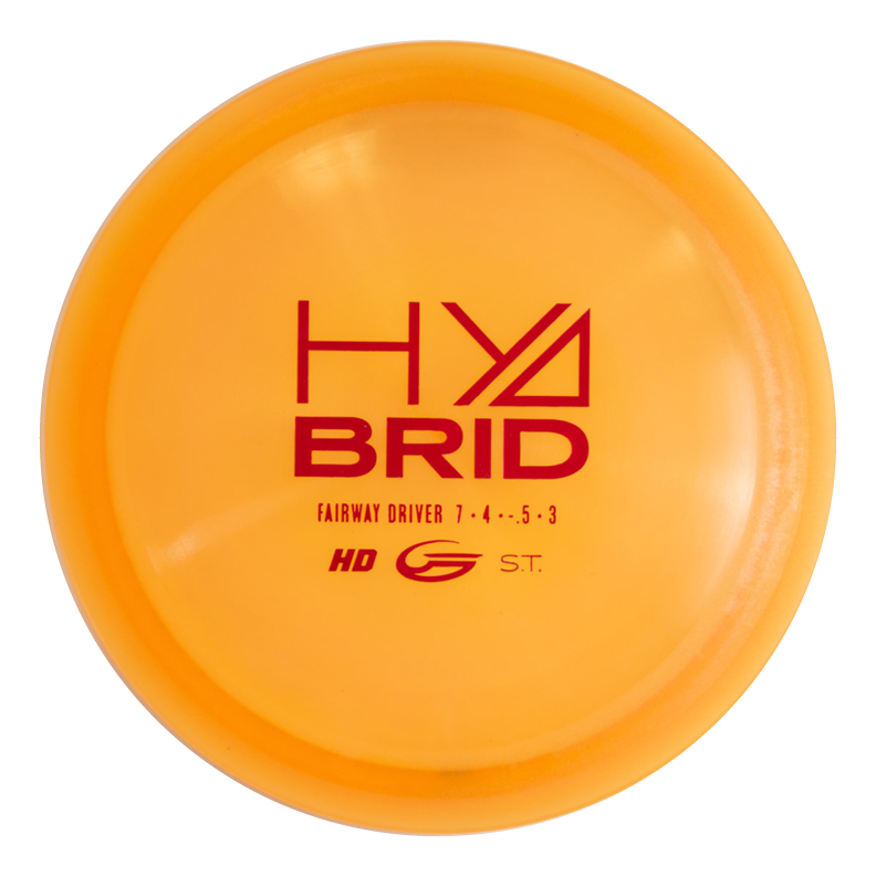 The Hybrid - HD is a yellow overstable disc golf fairway driver in Hyper Diamond blend, with red "HYBRID" text and specs "7 €¢ 4 €¢ .5 €¢ 3" printed on top.