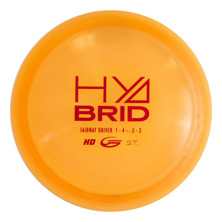The Hybrid - HD is a yellow overstable disc golf fairway driver in Hyper Diamond blend, with red "HYBRID" text and specs "7 €¢ 4 €¢ .5 €¢ 3" printed on top.