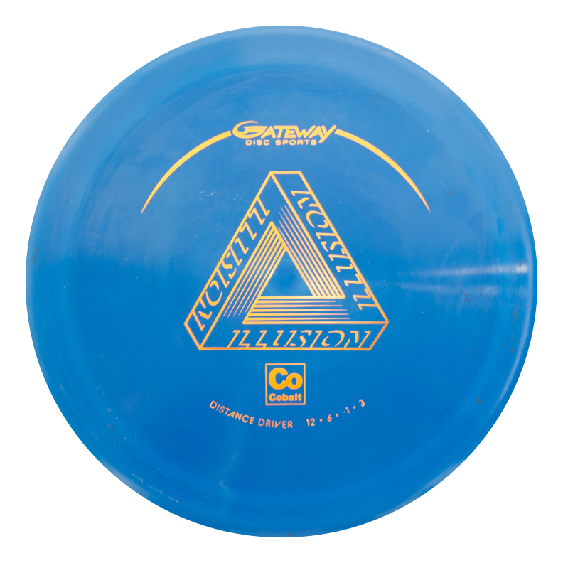 The Illusion - Cobalt is a blue disc golf driver from Gateway Disc Sports featuring yellow graphics, €œCobalt,€� and flight numbers 12, 6, -1, 3€”ideal for distance throws and offering a comfortable grip.