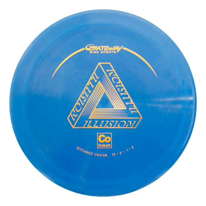 The Illusion - Cobalt is a blue disc golf driver from Gateway Disc Sports featuring yellow graphics, €œCobalt,€� and flight numbers 12, 6, -1, 3€”ideal for distance throws and offering a comfortable grip.