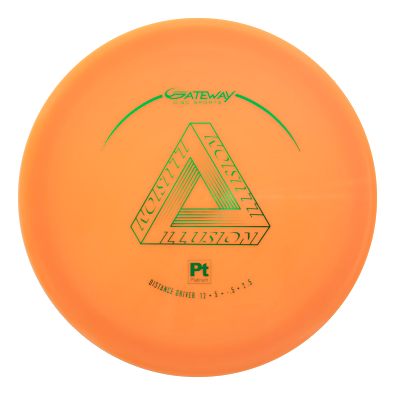 The Illusion - Platinum is an orange disc golf driver ideal for distance throws and sidearms, featuring green geometric "Gateway Illusion" text, labeled "Distance Driver 12 €¢ 5 €¢ -5 €¢ 2.5" with a Pt Platinum symbol.