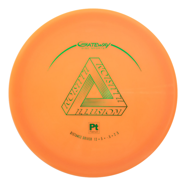 The Illusion - Platinum is an orange disc golf driver ideal for distance throws and sidearms, featuring green geometric "Gateway Illusion" text, labeled "Distance Driver 12 €¢ 5 €¢ -5 €¢ 2.5" with a Pt Platinum symbol.