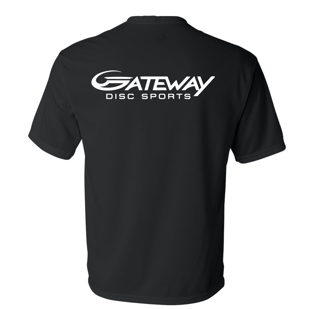 The Black Gateway Jersey is a short-sleeve shirt made from performance fabric, featuring "GATEWAY DISC SPORTS" in large white letters across the upper back.
