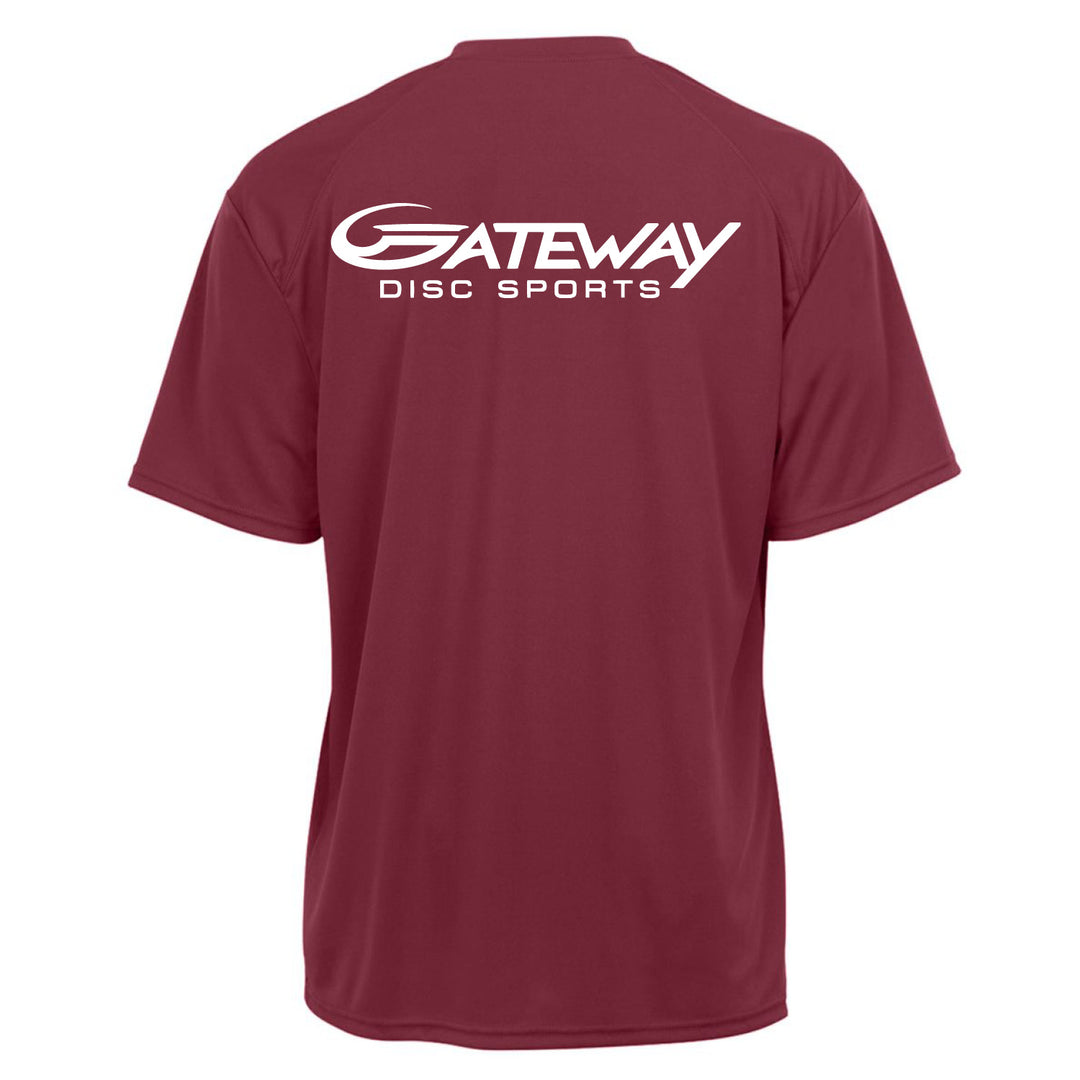The Burgundy Gateway Jersey is a short-sleeve polyester performance shirt with "GATEWAY DISC SPORTS" in white on the upper back, combining comfort and style.
