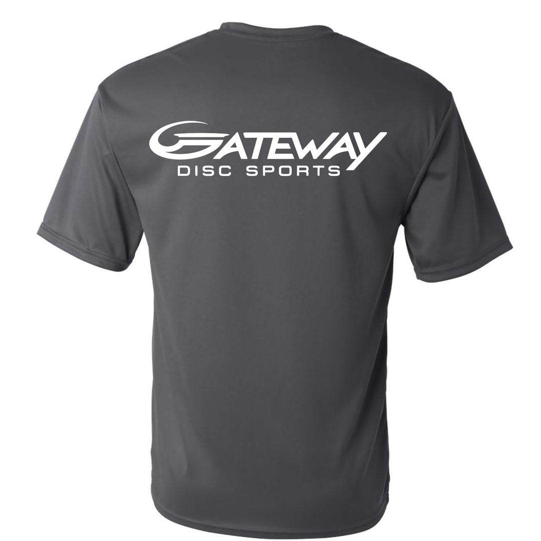 The Graphite Gateway Jersey is a gray short-sleeve performance shirt with the Gateway logo and "Gateway Disc Sports" in white on the upper back, designed for all-day comfort.