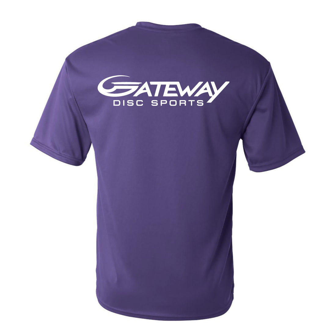 The Purple Gateway Jersey is shown from the back with the Gateway logo and "GATEWAY DISC SPORTS" in bold white letters on the upper back, crafted from antimicrobial performance fabric for lasting comfort.