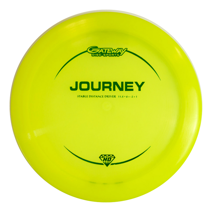 A yellow Gateway Disc Sports Journey - Hyper Diamond (HD) long-range distance driver with green text and flight numbers 11.5, 6, -2, 1 is shown on a white background, designed for controllable flight.