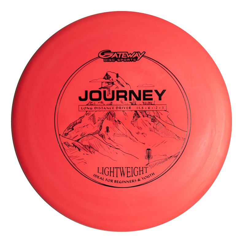 The Journey Lightweight - SureGrip is a red disc golf driver with mountain artwork, designed for beginners and youth seeking a controllable flight and impressive long-range distance.