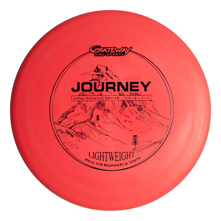 The Journey Lightweight - SureGrip is a red disc golf driver with mountain artwork, designed for beginners and youth seeking a controllable flight and impressive long-range distance.