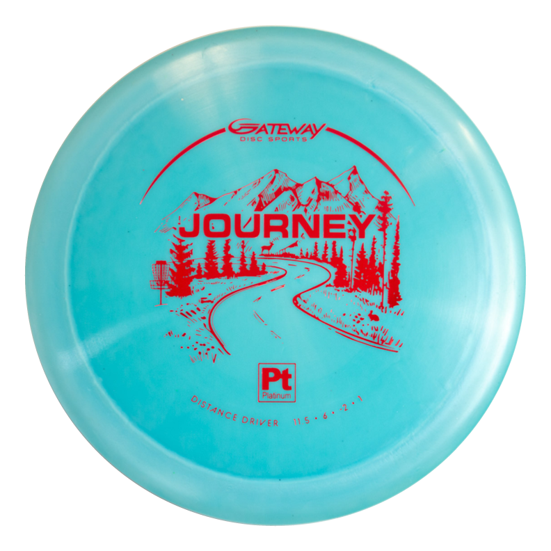 The Journey - Platinum is a light blue distance driver disc golf disc with a red "JOURNEY" graphic showing a winding road, trees, and mountains, plus the Gateway Disc Sports logo for controllable flight.
