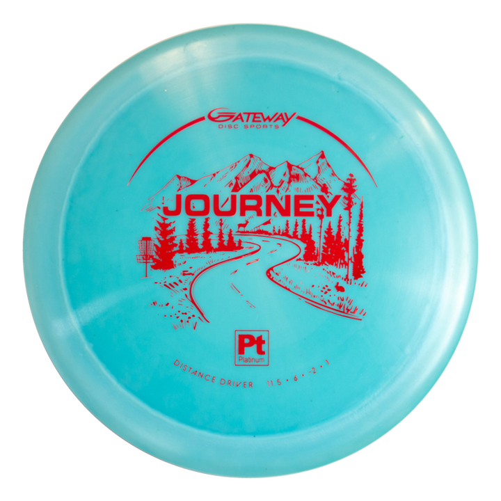 The Journey - Platinum is a light blue distance driver disc golf disc with a red "JOURNEY" graphic showing a winding road, trees, and mountains, plus the Gateway Disc Sports logo for controllable flight.