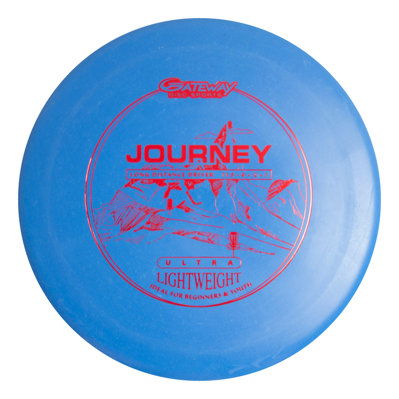 A blue "Journey - Ultra Lightweight" disc by Gateway Disc Sports with red text and mountain graphics. This long-range distance driver delivers controllable flight, making it perfect for beginners and novices.