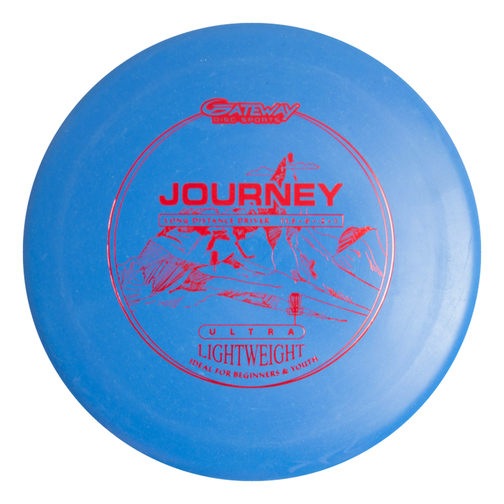 A blue "Journey - Ultra Lightweight" disc by Gateway Disc Sports with red text and mountain graphics. This long-range distance driver delivers controllable flight, making it perfect for beginners and novices.