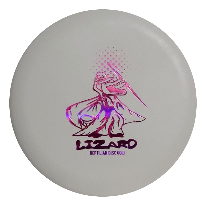 White Reptilian Wizard - FOSSIL disc golf disc featuring a purple lizard in a cape with a staff and "LIZARD Reptilian Disc Golf" label€”a magical pick for Fossil Wizards and Gateway fans.