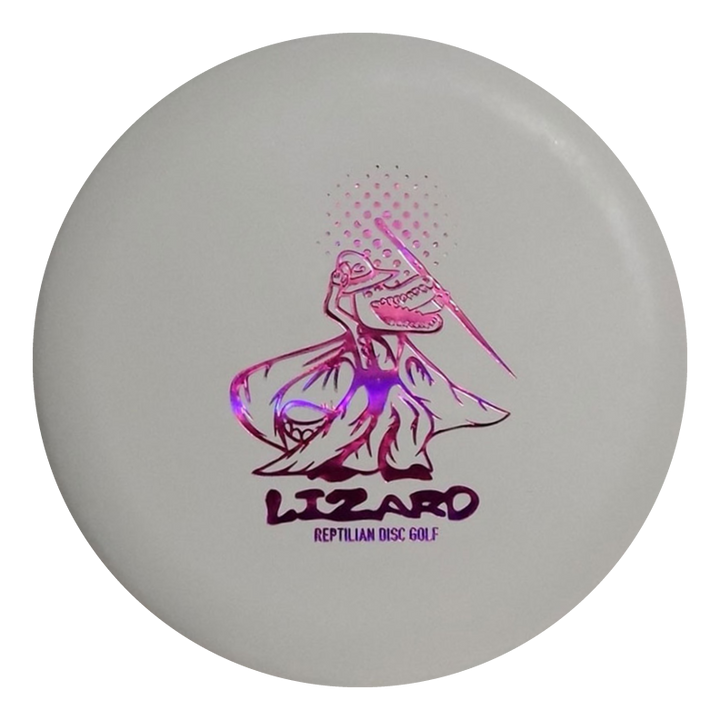 White Reptilian Wizard - FOSSIL disc golf disc featuring a purple lizard in a cape with a staff and "LIZARD Reptilian Disc Golf" label€”a magical pick for Fossil Wizards and Gateway fans.