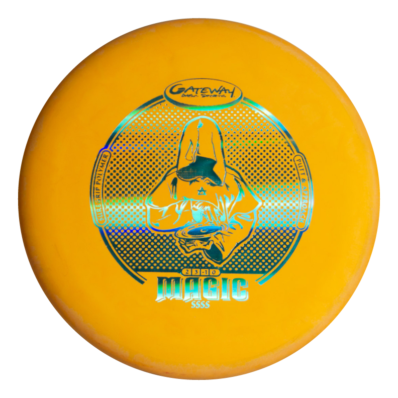 A yellow Magic - Suregrip - SSSS disc golf putter with a holographic hooded figure design, known for its straight flight and excellent glide among putters.