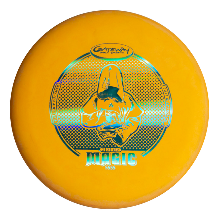 A yellow Magic - Suregrip - SSSS disc golf putter with a holographic hooded figure design, known for its straight flight and excellent glide among putters.