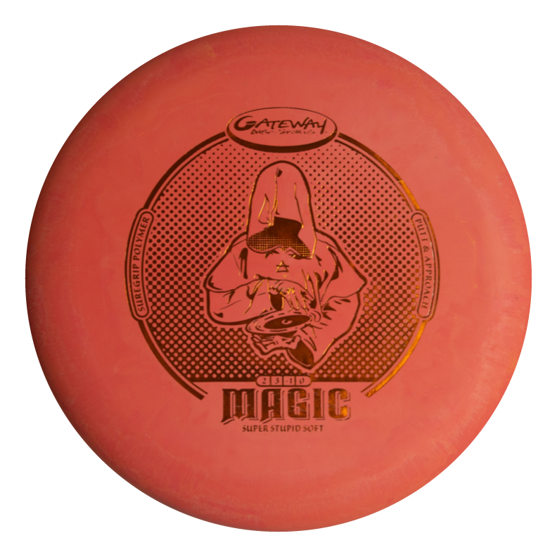 The Magic - Suregrip - SSS is a red, beginner-friendly putter from Gateway Disc Sports with straight flight, featuring a black hooded figure and "SUPER STUPID SOFT" text.