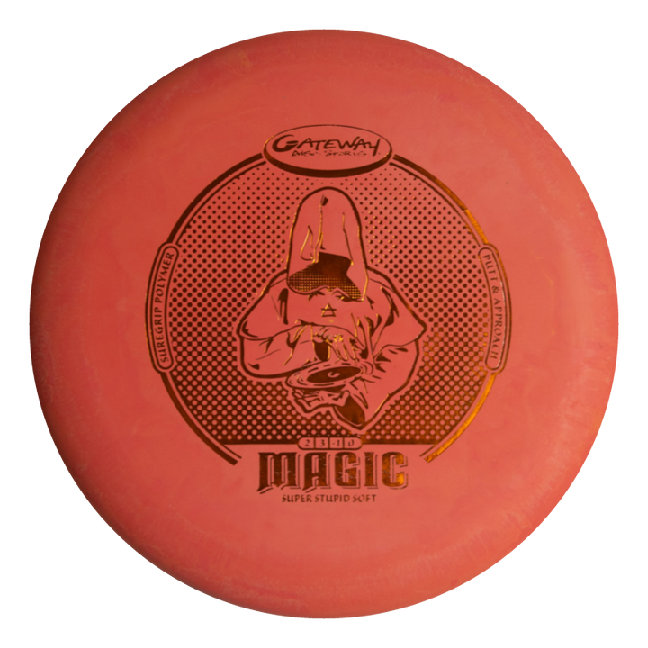 The Magic - Suregrip - SSS is a red, beginner-friendly putter from Gateway Disc Sports with straight flight, featuring a black hooded figure and "SUPER STUPID SOFT" text.