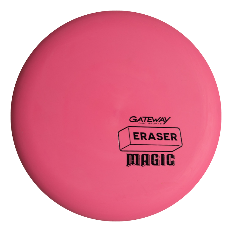 The Magic - Eraser is a pink, straight-flying disc golf putter featuring "Gateway Disc Sports," "Eraser," and "Magic" printed in black€”ideal for beginners and those seeking a reliable putter.