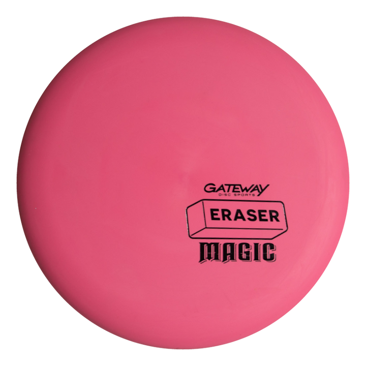 The Magic - Eraser is a pink, straight-flying disc golf putter featuring "Gateway Disc Sports," "Eraser," and "Magic" printed in black€”ideal for beginners and those seeking a reliable putter.