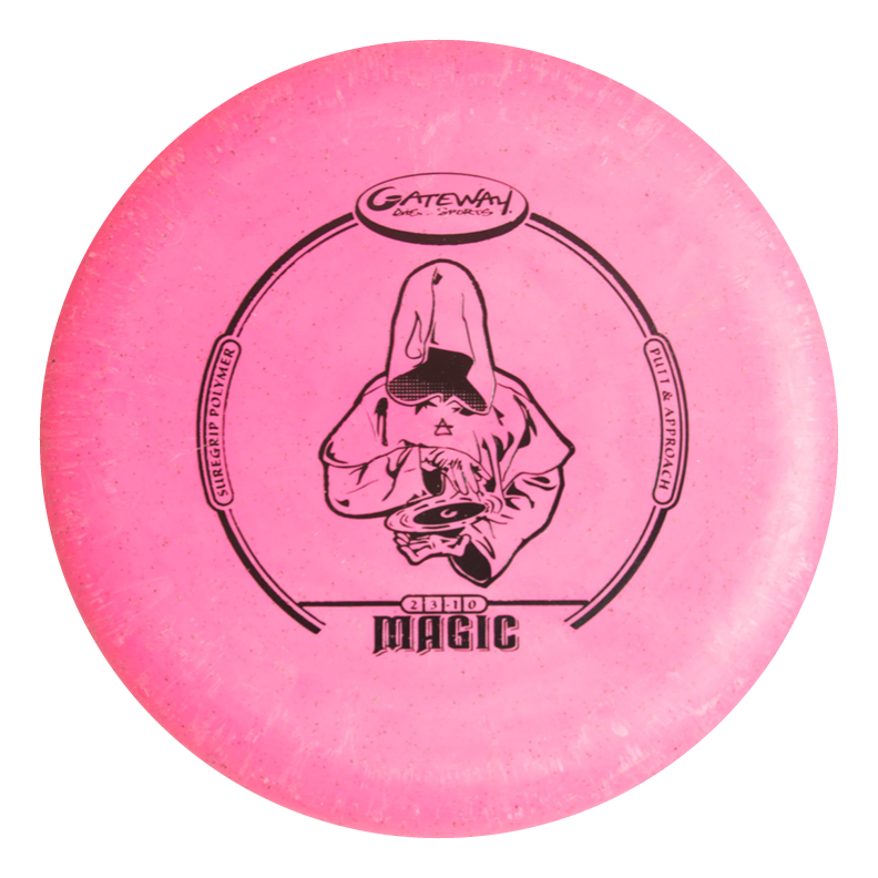 The Magic Ultra Lightweight-SureGrip™  Hemp is a pink disc golf putter with a black hooded figure illustration, labeled "Magic" and "Gateway Disc Sports"€”perfect for beginners.