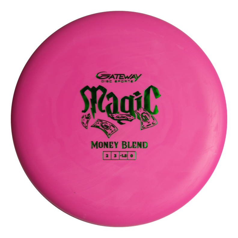 The Magic - Money by Gateway Disc Sports is a pink disc golf putter featuring dollar bills and numbers, designed for beginners and perfect for straight-flying putts and approach shots.