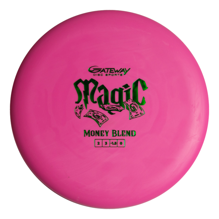 The Magic - Money by Gateway Disc Sports is a pink disc golf putter featuring dollar bills and numbers, designed for beginners and perfect for straight-flying putts and approach shots.