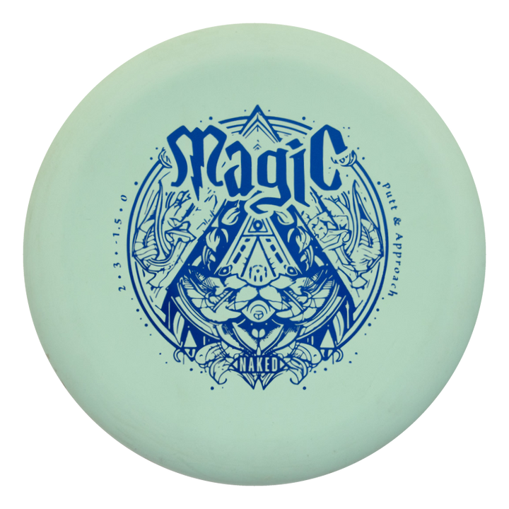 The Magic - Suregrip NAKED is a light green putter with intricate blue artwork, €œMagic€� and €œPutt & Approach€� on the front, plus flight numbers€”ideal for accurate, straight-flying putt and approach shots.