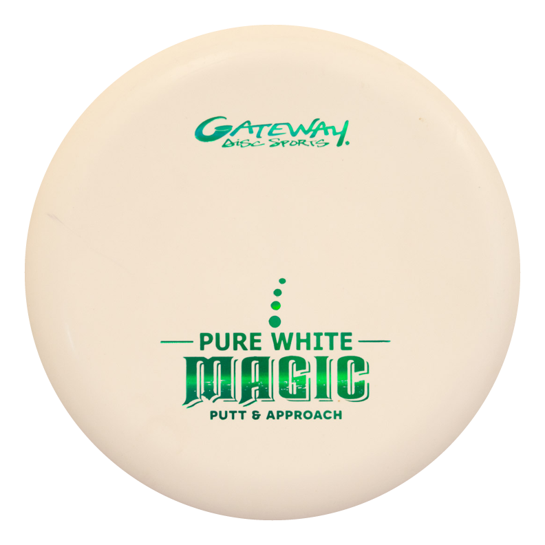 The Magic - Pure White is a white putt and approach disc featuring green "Gateway Disc Sports Pure White Magic Putt & Approach" text, ideal for beginners or those needing a reliable, straight-flying putter.