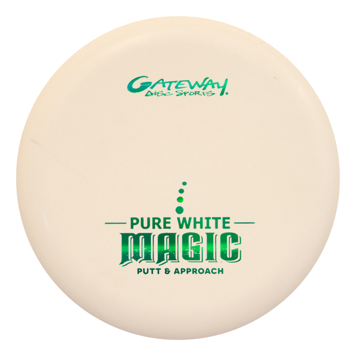 The Magic - Pure White is a white putt and approach disc featuring green "Gateway Disc Sports Pure White Magic Putt & Approach" text, ideal for beginners or those needing a reliable, straight-flying putter.