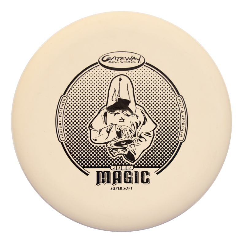 The Magic - Suregrip - SS is a cream-colored putter with a black hooded figure graphic, labeled "Magic Super Soft" and "Gateway Disc Sports"€”ideal for players seeking a straight-flying disc.