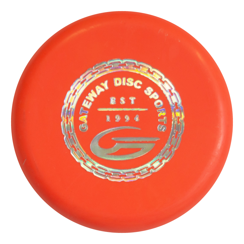 A large red SureGrip™  Mini disc with the Gateway Disc Sports logo and "EST 1994" in silver on top€”ideal for player packs or as a SureGrip™  Mini.