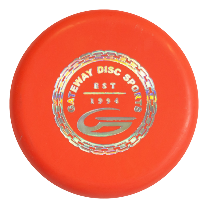 A large red SureGrip™  Mini disc with the Gateway Disc Sports logo and "EST 1994" in silver on top€”ideal for player packs or as a SureGrip™  Mini.