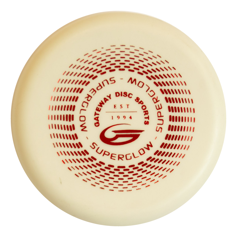 A white Superglow Mini (Large) disc golf disc with red text and graphics reading "SUPERGLOW" and "Gateway Disc Sports EST 1994" in a circular pattern.