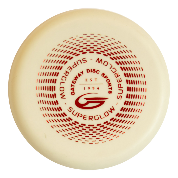 A white Superglow Mini (Large) disc golf disc with red text and graphics reading "SUPERGLOW" and "Gateway Disc Sports EST 1994" in a circular pattern.