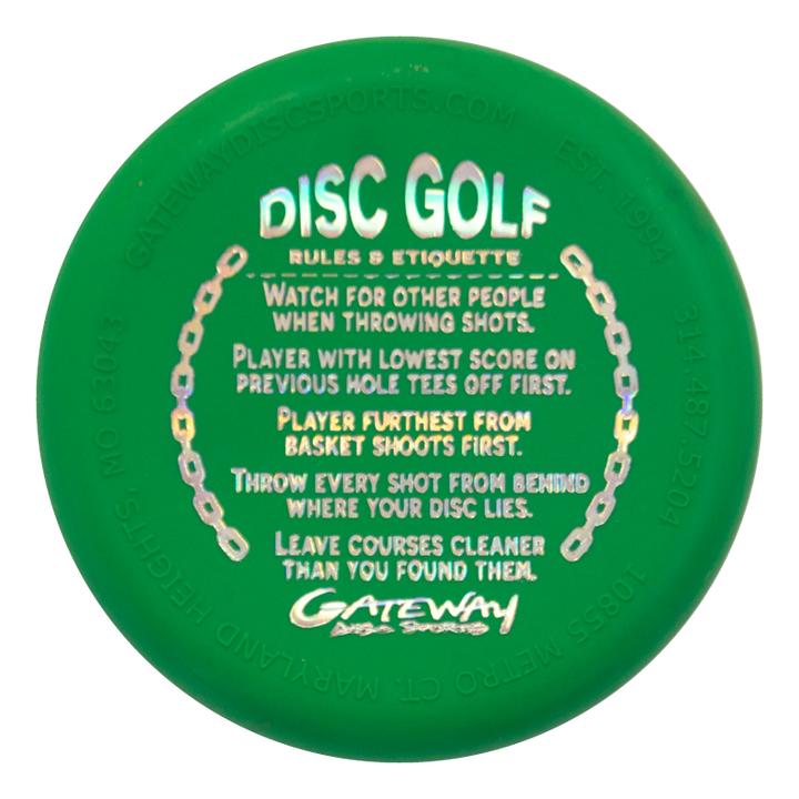 Mini (Small) - SureGrip™ green sports disc with "Disc Golf Rules & Etiquette" in yellow, listing basic disc golf rules and guidelines, plus Gateway logo at the bottom.