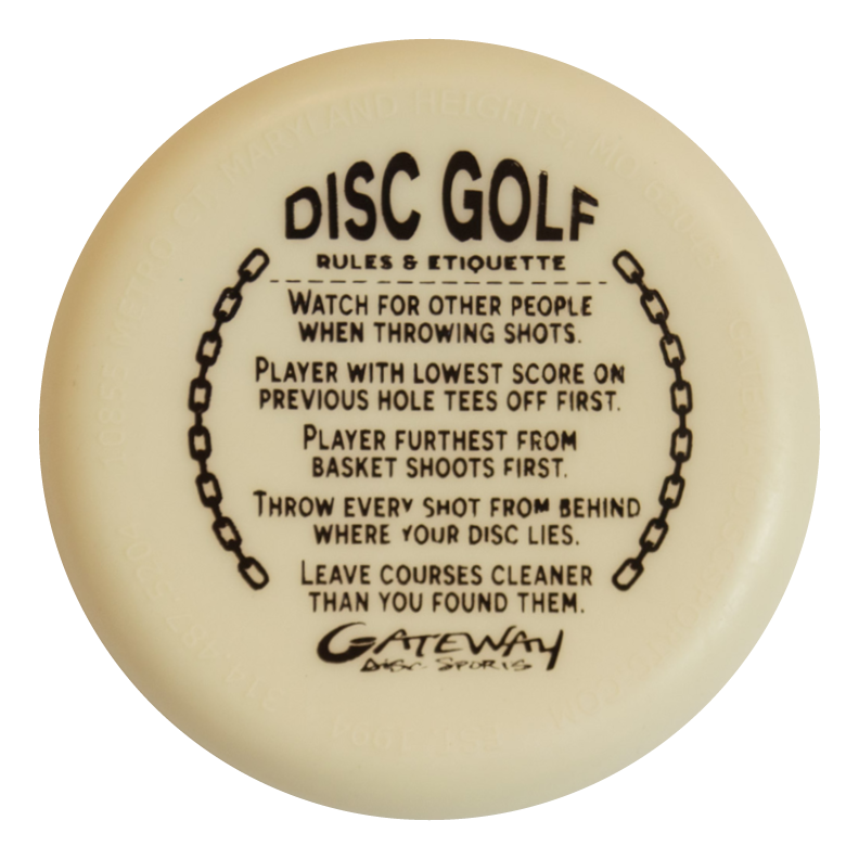 A beige Mini (Small) - Superglow disc golf disc displays rules and etiquette€”safety, order of play, cleaning up€”with €œGateway Disc Sports€� branding; ideal for player packs or pairing with Glow mini's.