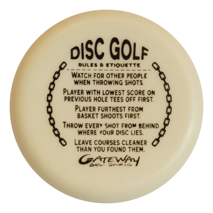 A beige Mini (Small) - Superglow disc golf disc displays rules and etiquette€”safety, order of play, cleaning up€”with €œGateway Disc Sports€� branding; ideal for player packs or pairing with Glow mini's.