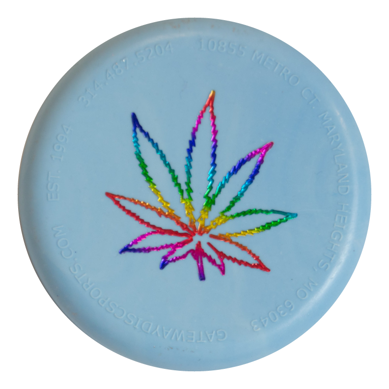 The Mini (Small) - SureGrip™ Leaf is a light blue disc featuring an assorted-colored mini hemp leaf outline in the center and embossed contact info along the edge.