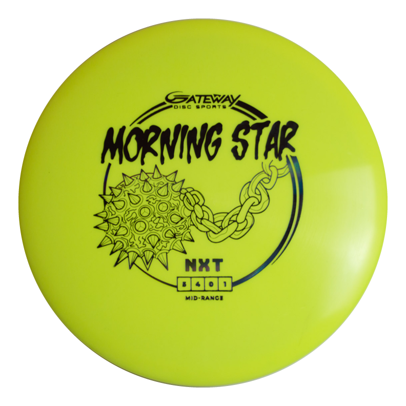 The Morningstar - NXT is a yellow mid-range disc golf disc by Gateway Disc Sports, featuring a black spiked ball and chain graphic. As part of the Suregrip molds line, it offers neutral flight and reliable on-course performance.